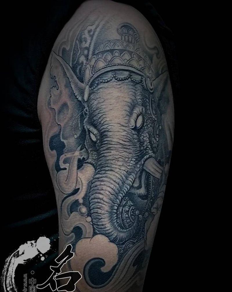 象神纹身图片_手臂新传统纹身图案