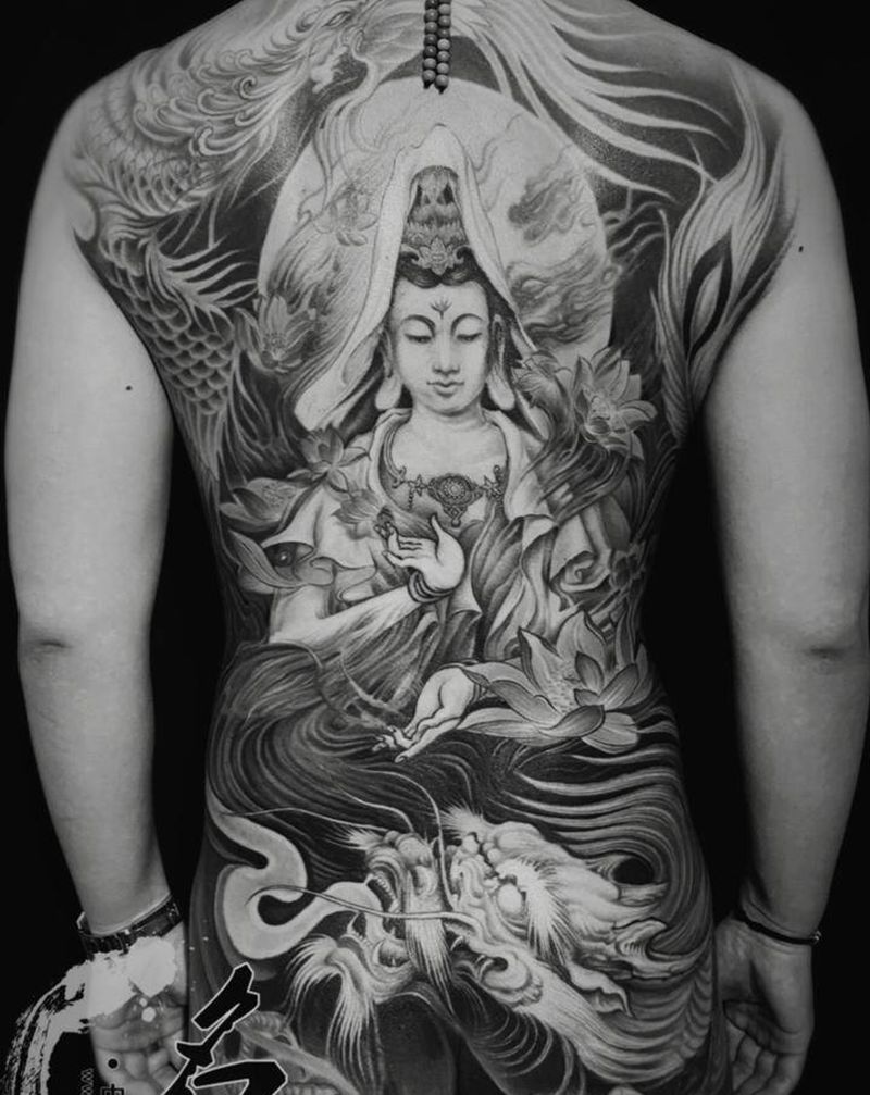 观音纹身图片_背部新传统纹身图案