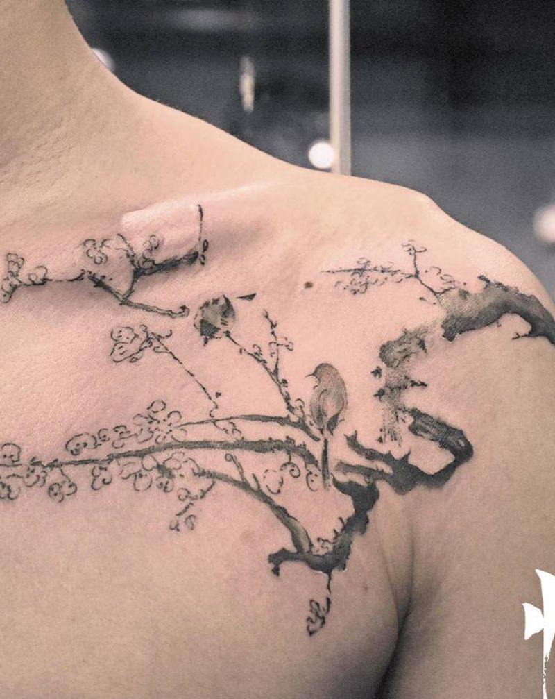 水墨纹身图片_肩部水墨纹身图案