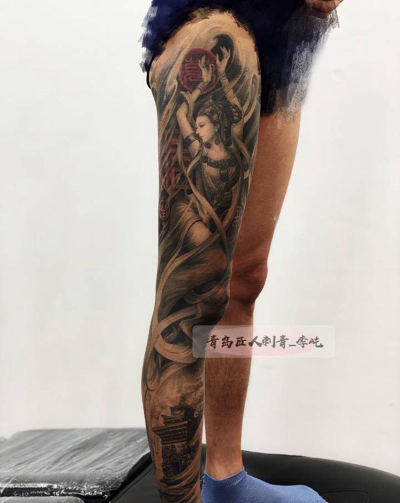 八部天龙纹身图片_腿部新传统欧美写实八部天龙飞天修罗纹身图案