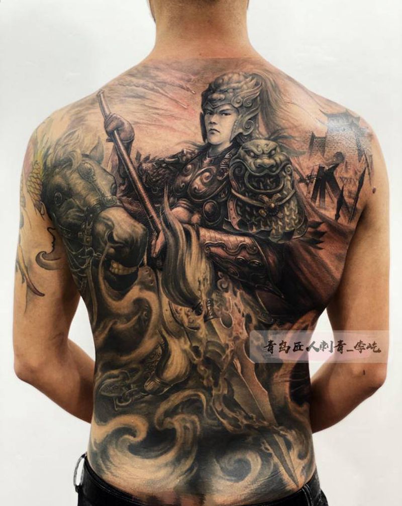 武神赵子龙纹身图片_背部新传统欧美写实赵云赵子龙纹身图案