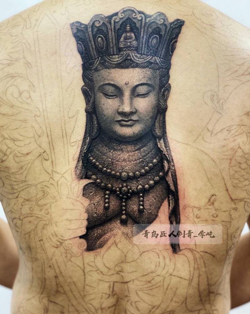 凤鸣虚空藏菩萨 未完成纹身图片_背部新传统欧美写实虚空藏菩萨纹身图案
