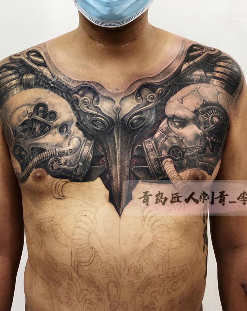 机械之躯 未完成纹身图片_胸部新传统欧美写实机械生化纹身图案