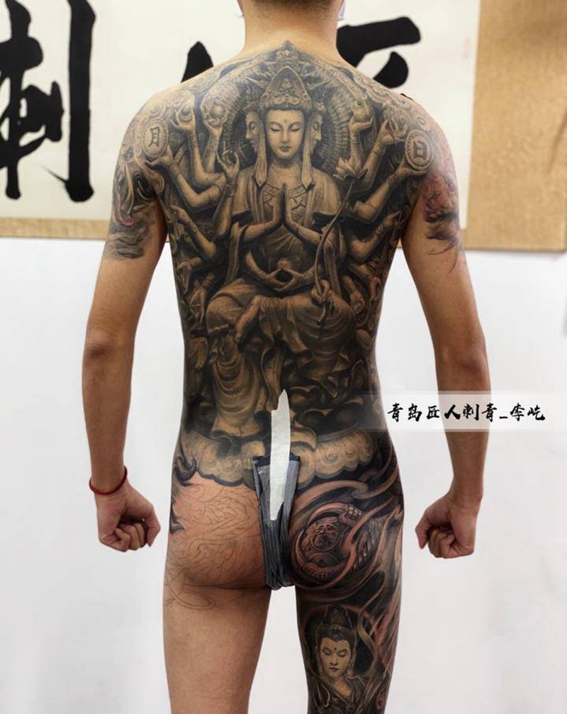 通体 未完成纹身图片_背部腿部欧美写实新传统通体千手观音纹身图案