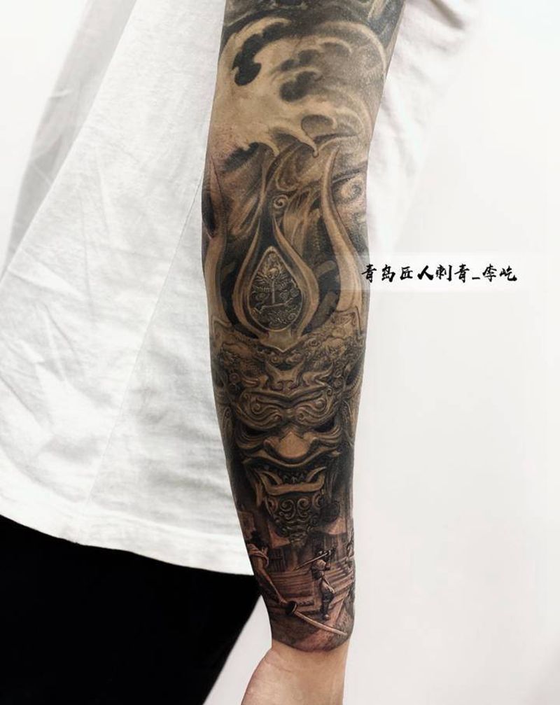 自定义题材包小臂纹身图片_手臂新传统欧美写实鬼武士赛博朋克纹身图案