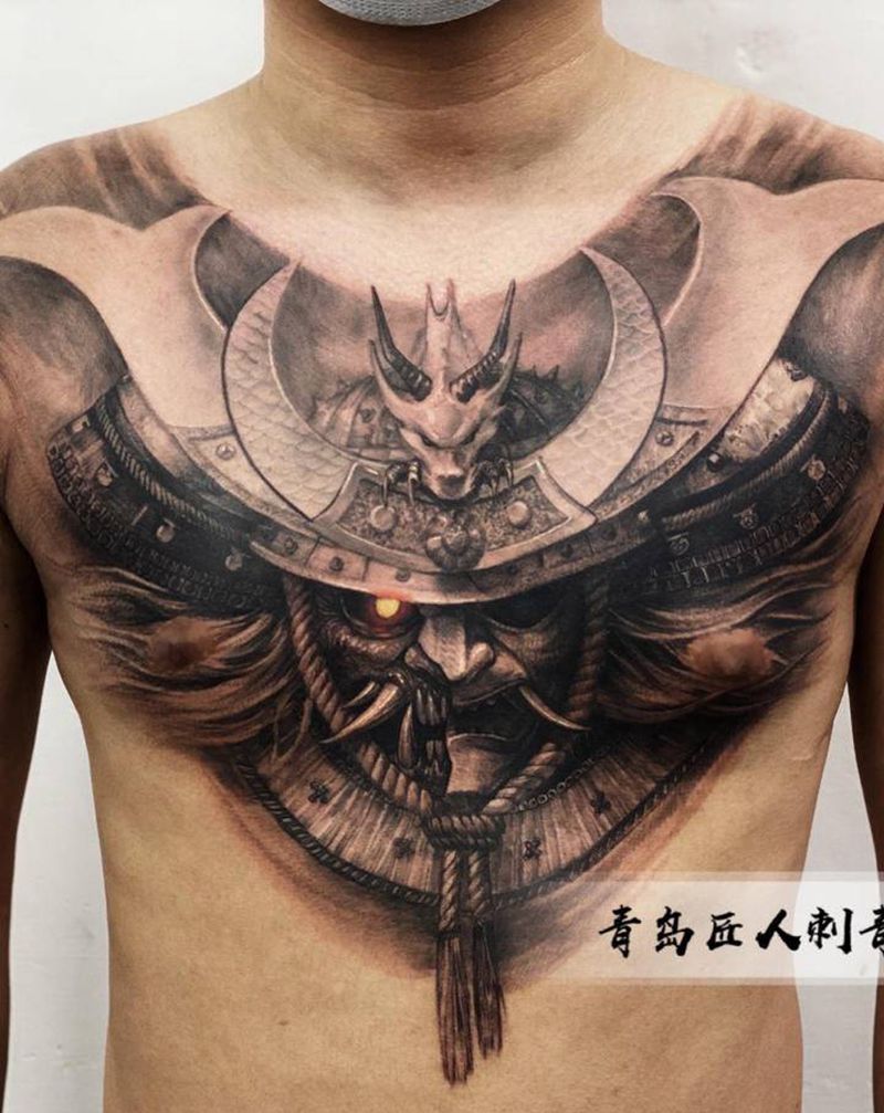 鬼武士花胸纹身图片_胸部新传统欧美写实鬼武士纹身图案