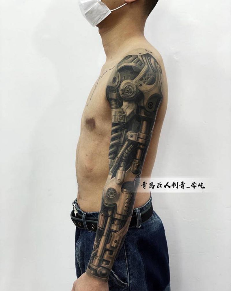 机械臂纹身图片_手臂新传统欧美写实机械花臂纹身图案