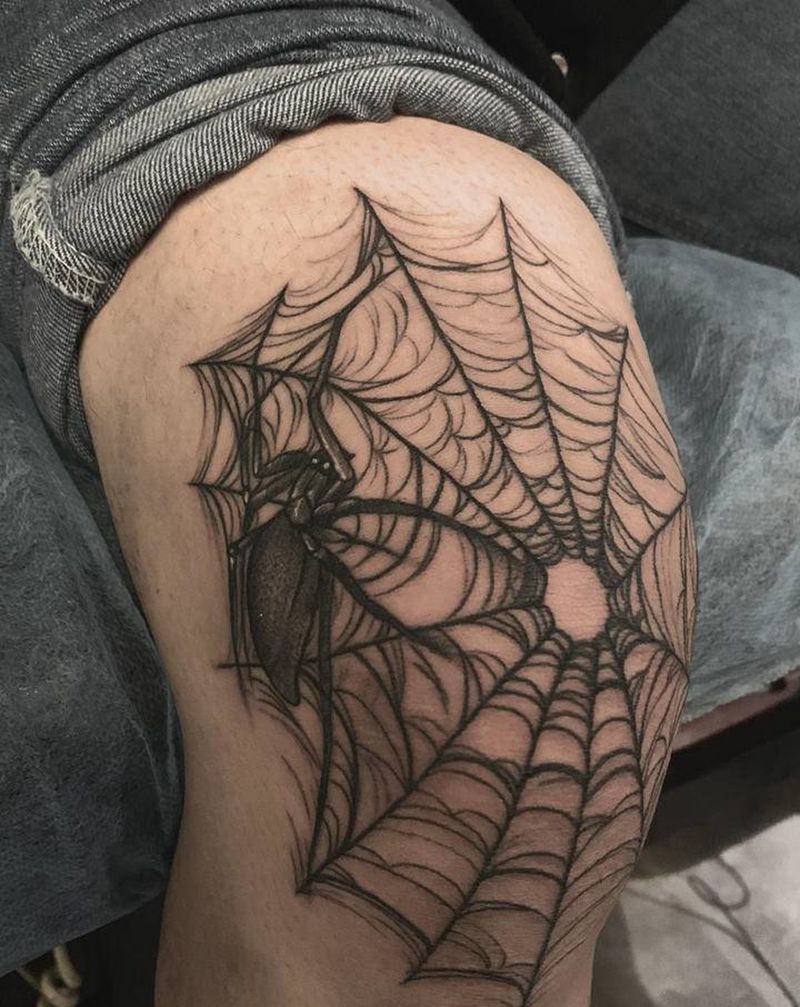 暗黑蜘蛛网纹身图片_腿部暗黑蜘蛛网纹身图案