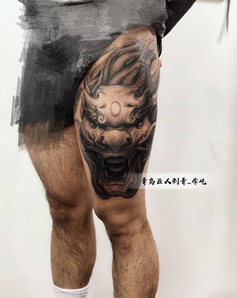 大腿龙头 未完成纹身图片_腿部新传统欧美写实花腿龙纹身图案