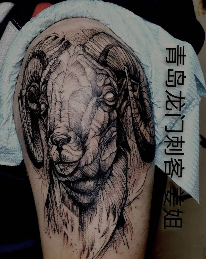 羊头与水墨再添加纹身图片_欧美写实水墨纹身图案