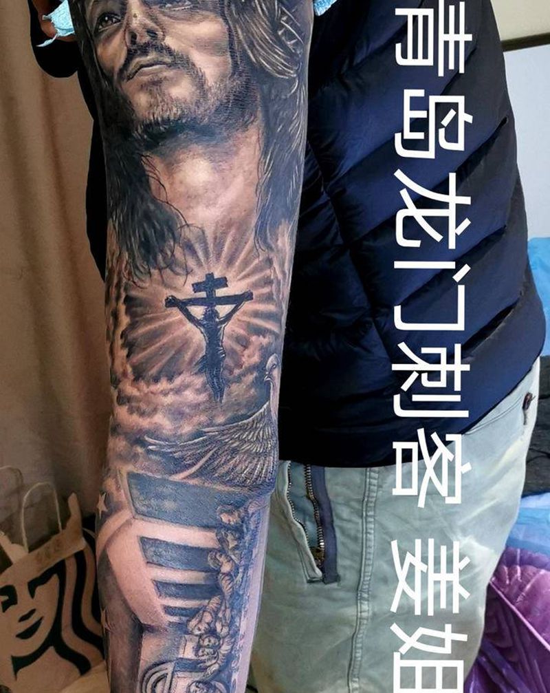 耶稣系列花臂纹身图片_手臂欧美写实纹身图案