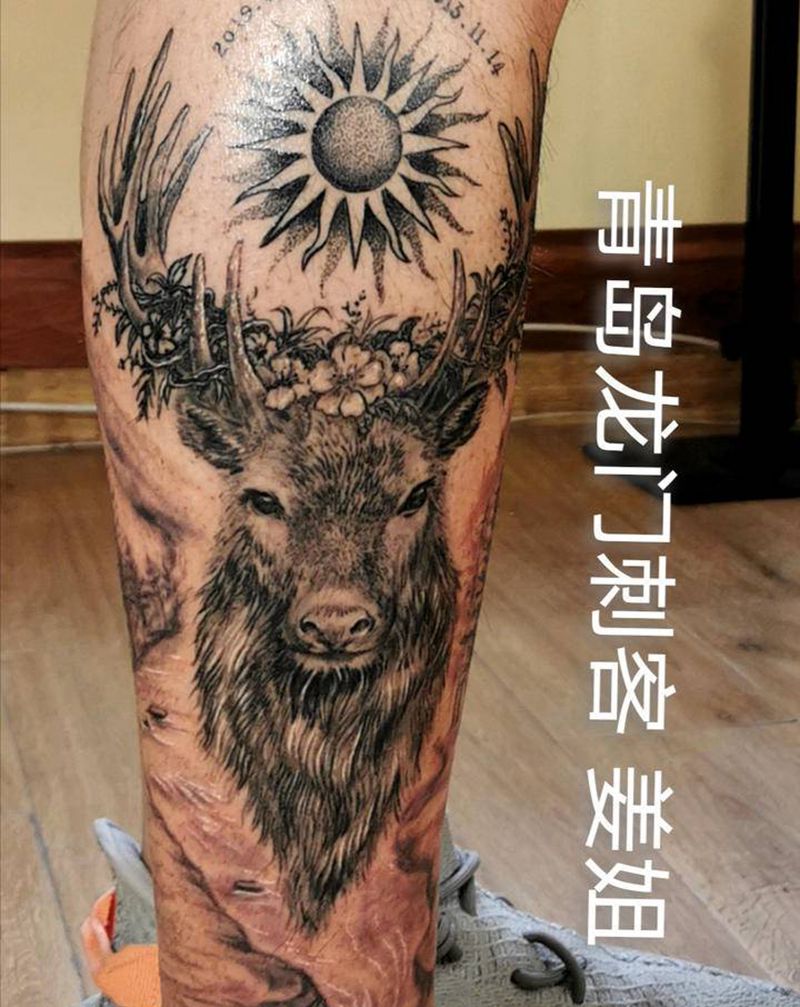 一生好鹿纹身图片_腿部欧美写实纹身图案