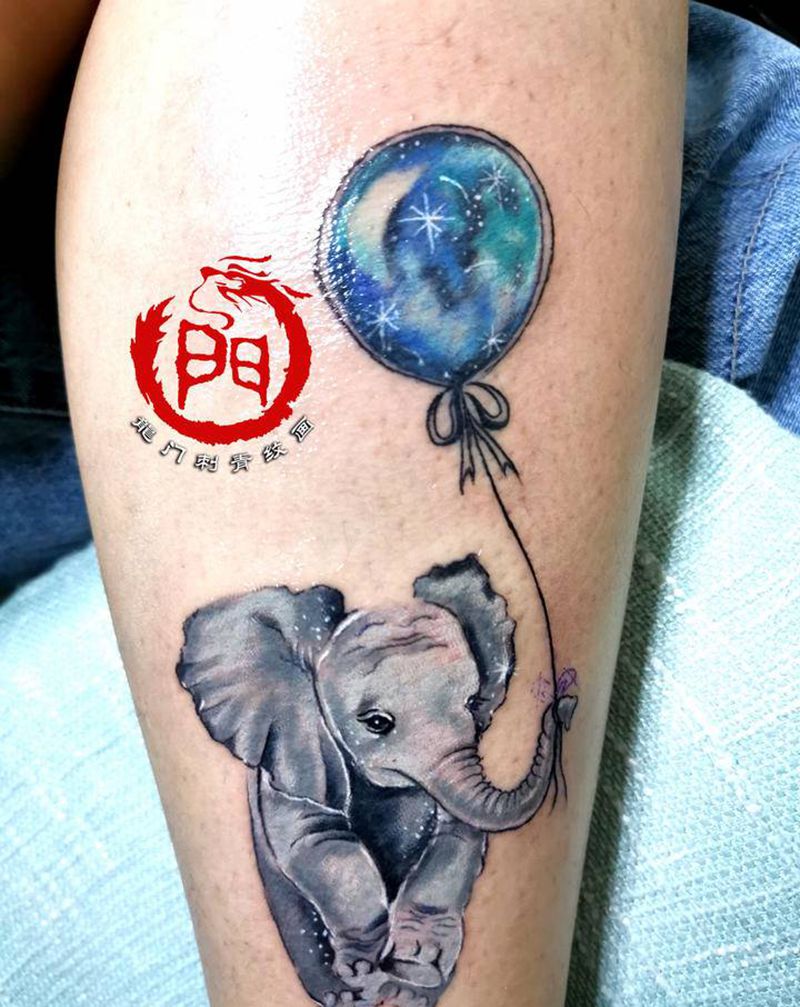 彩色小象纹身图片_腿部水彩欧美写实纹身图案