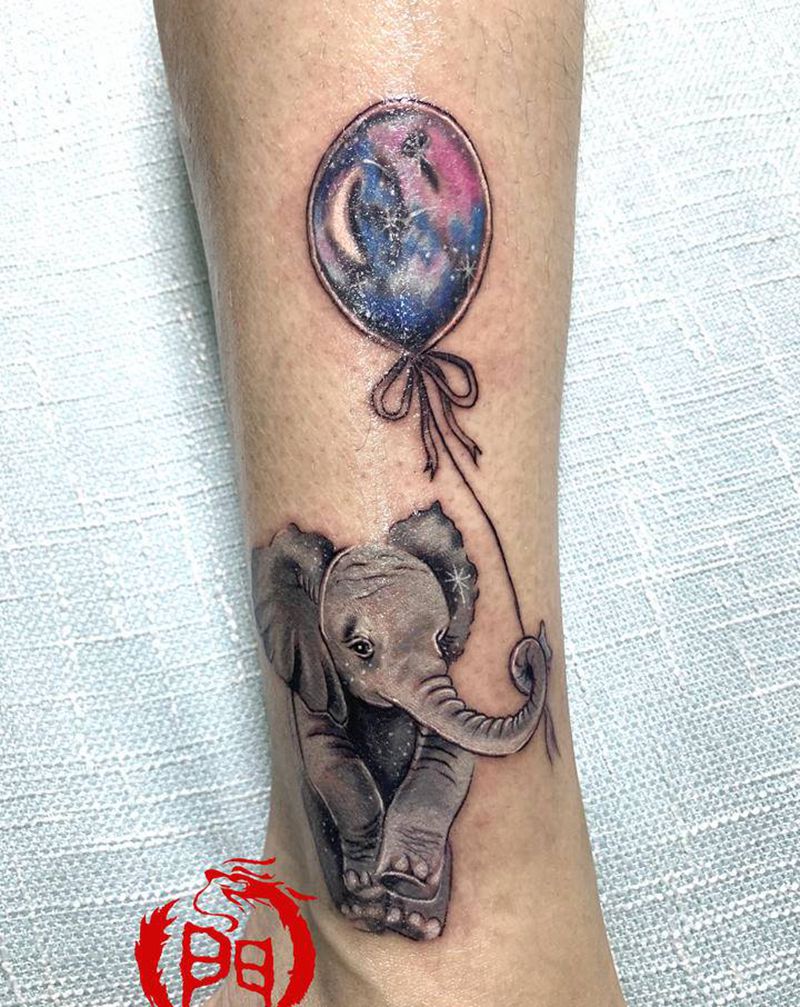又一个小腿彩色象纹身图片_腿部欧美写实水彩纹身图案