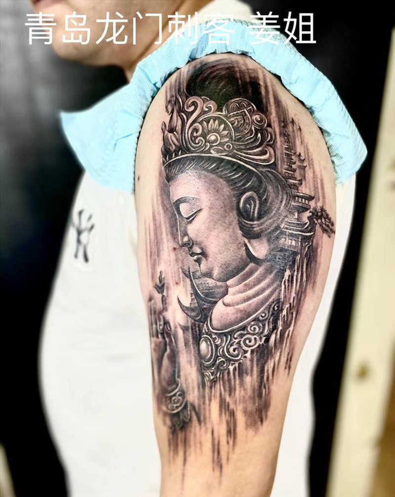观音纹身图片_手臂欧美写实新传统纹身图案