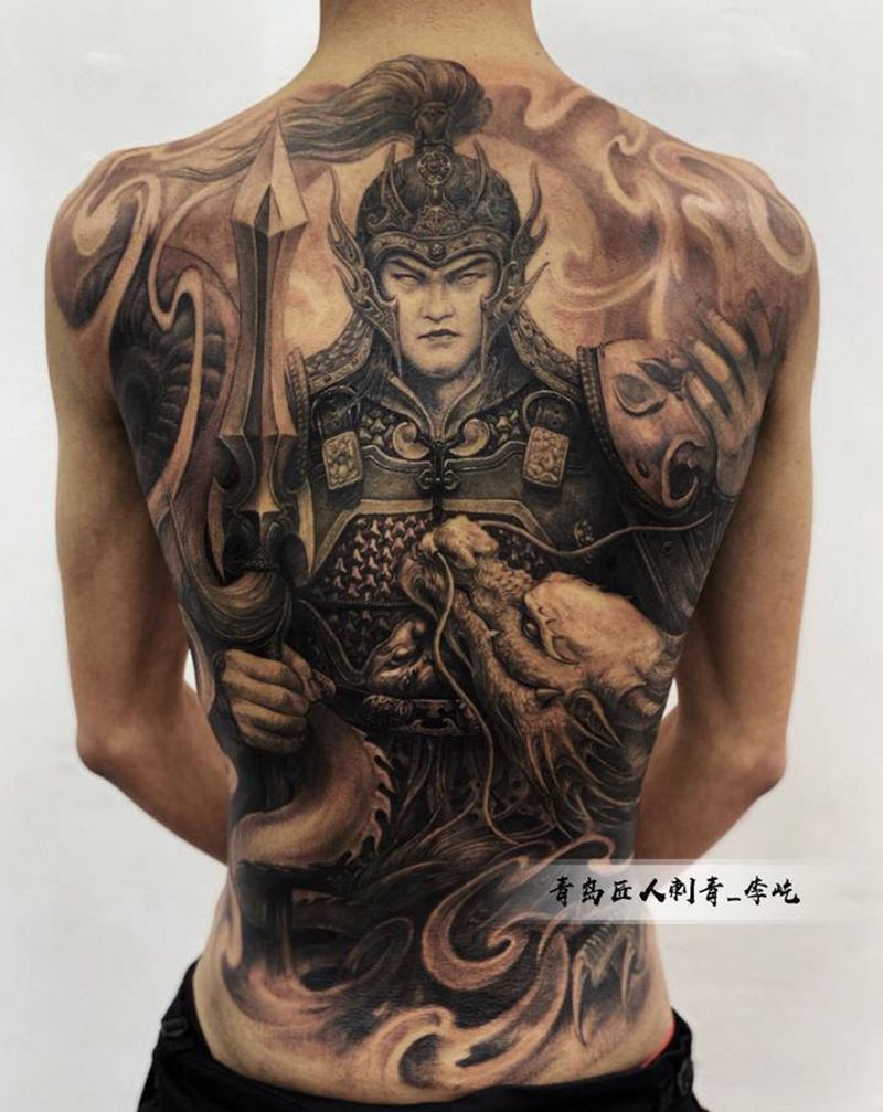 武神赵云纹身图片_背部新传统欧美写实赵云赵子龙武神纹身图案