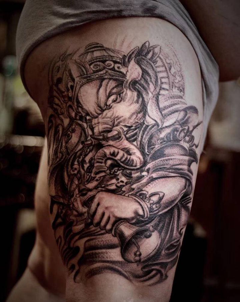 大腿象神纹身图片_腿部新传统象神纹身图案