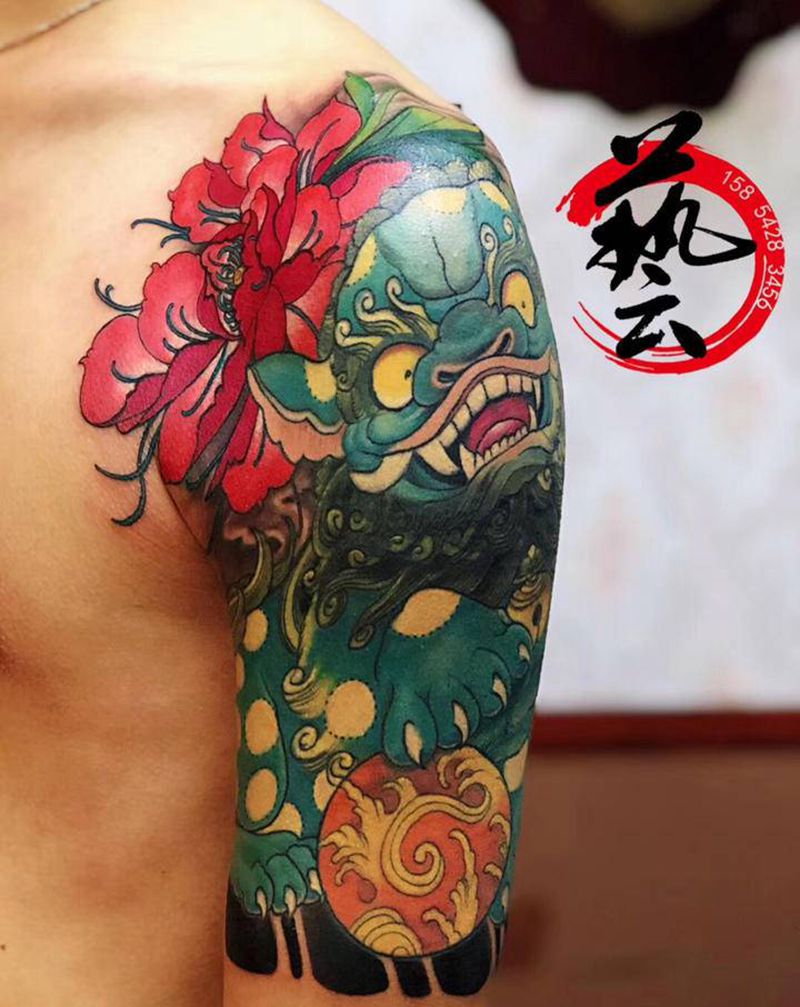 唐狮纹身图片_手臂腿部新传统老传统纹身图案