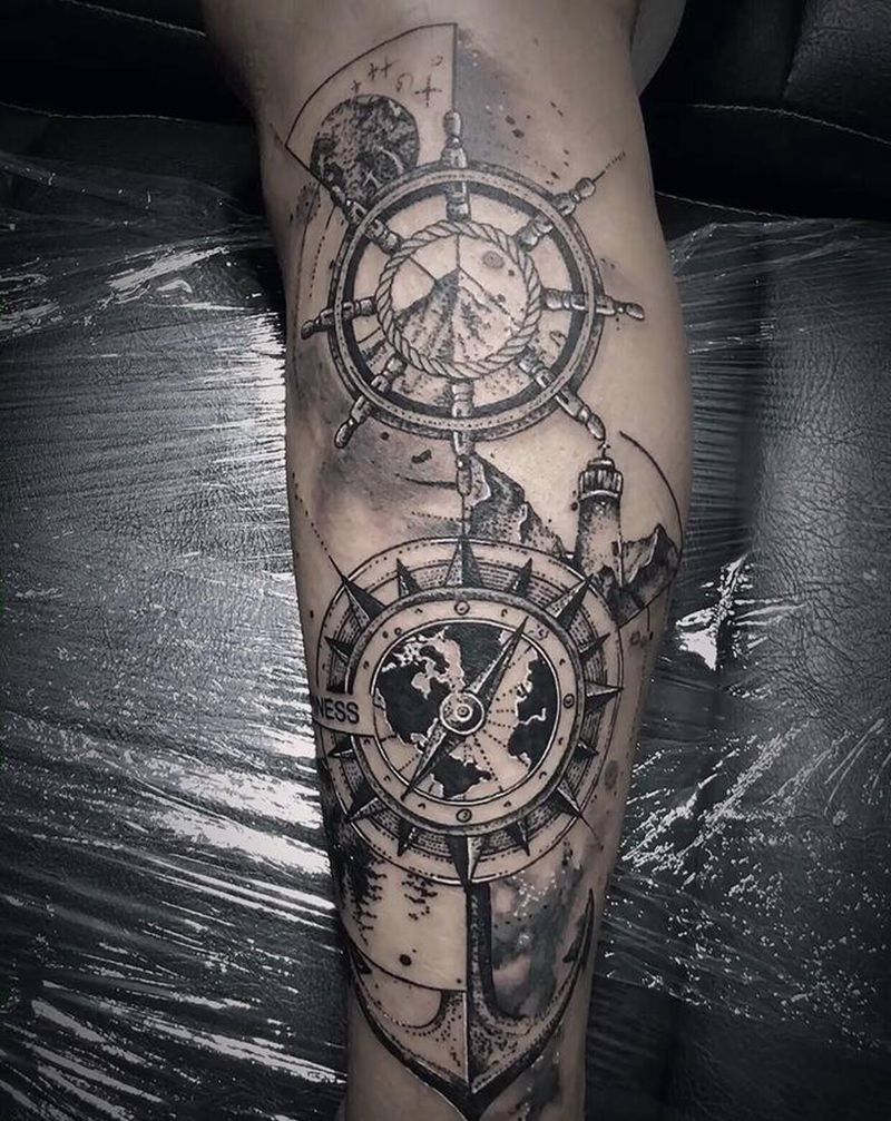 指南针纹身图片_腿部纹身图案