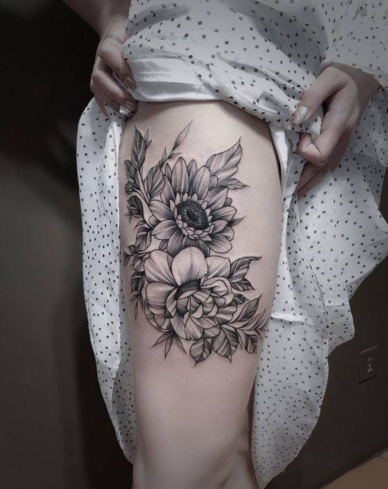 大腿素华纹身图片_腿部纹身图案