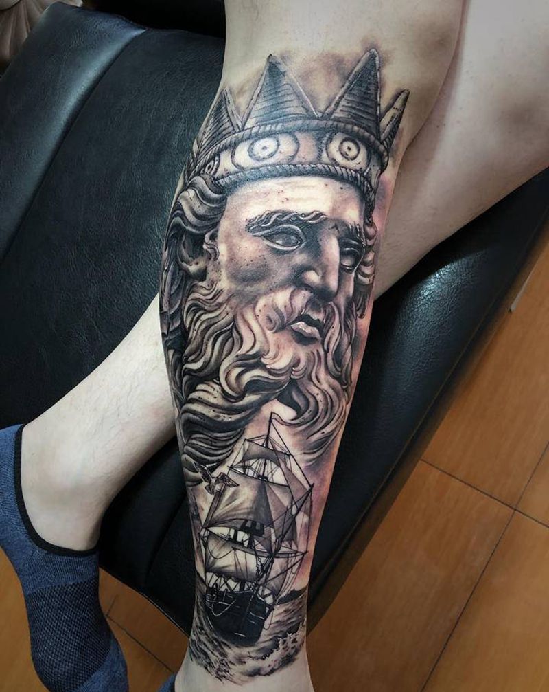 海神——波塞冬纹身图片_腿部纹身图案