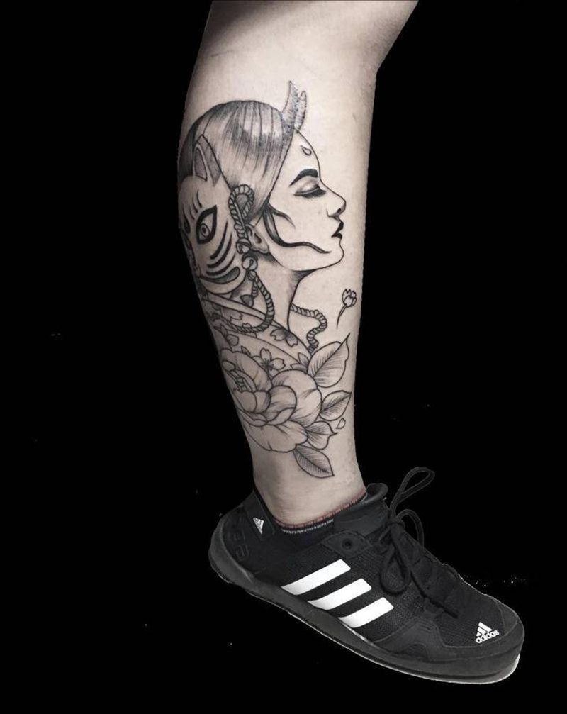 艺妓纹身 清新艺妓纹身图片_腿部新传统纹身图案