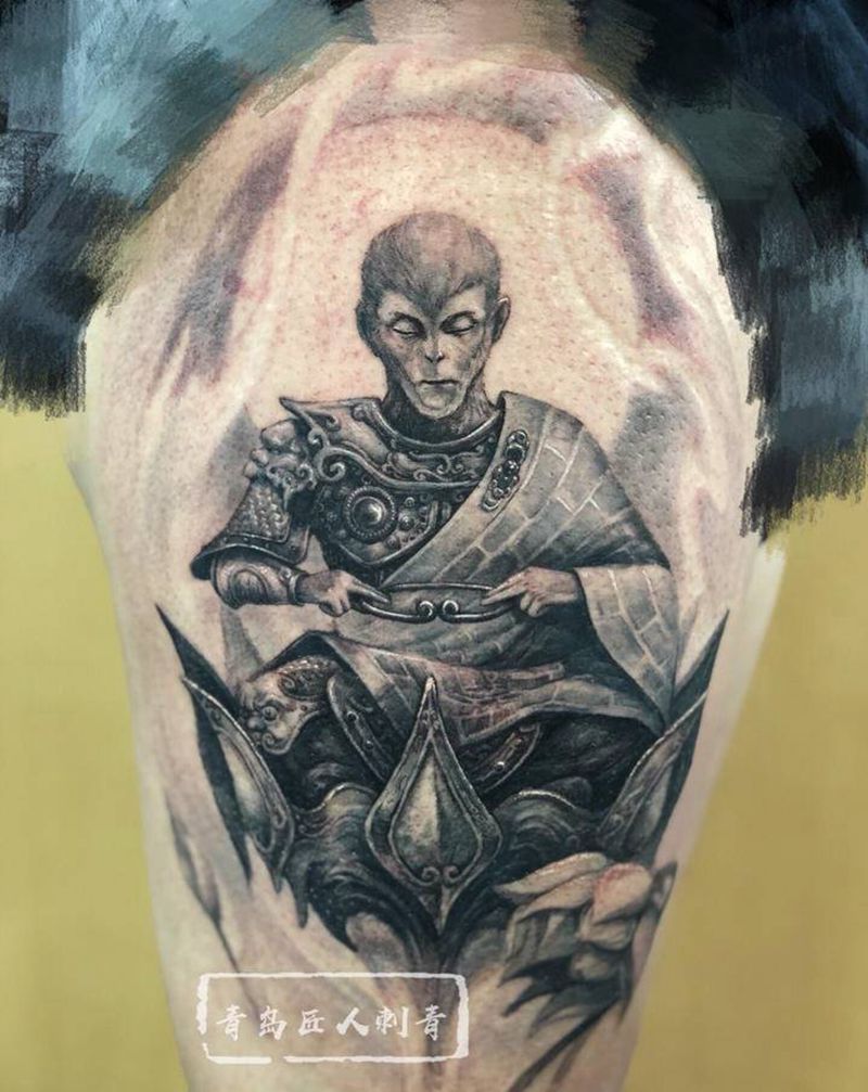 成佛 孙悟空纹身图片_腿部欧美写实孙悟空斗战胜佛纹身图案