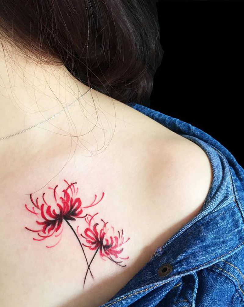彼岸花 纹身 曼珠沙华纹身图片_胸部新传统纹身图案