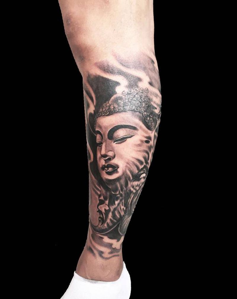 一念之间 佛与魔纹身纹身图片_腿部老传统纹身图案