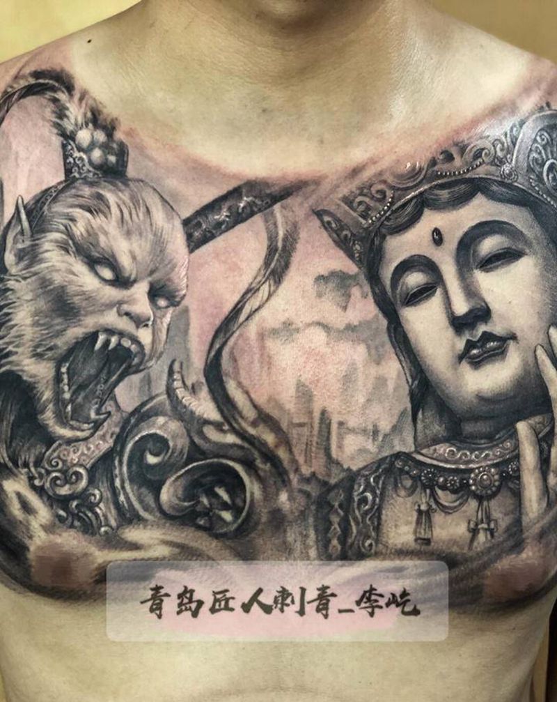 大圣     文殊菩萨纹身图片_胸部新传统欧美写实大圣文殊菩萨纹身图案