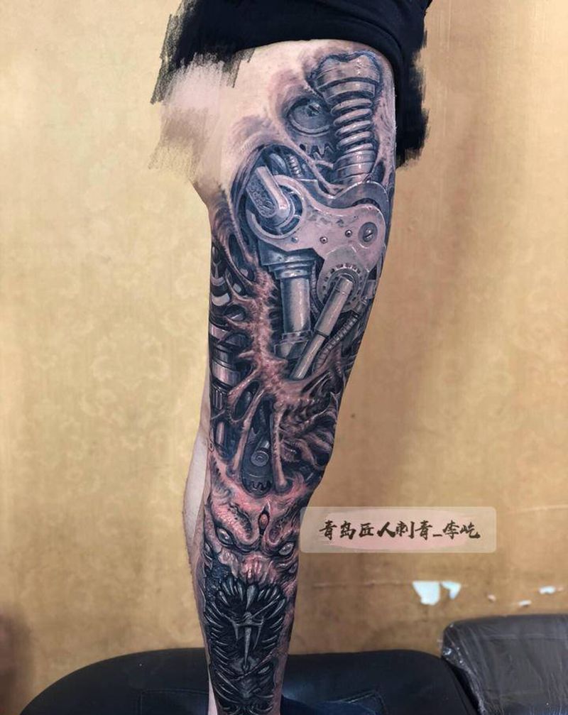 生化机械腿遮盖未完成纹身图片_腿部新传统欧美写实生化机械腿纹身图案