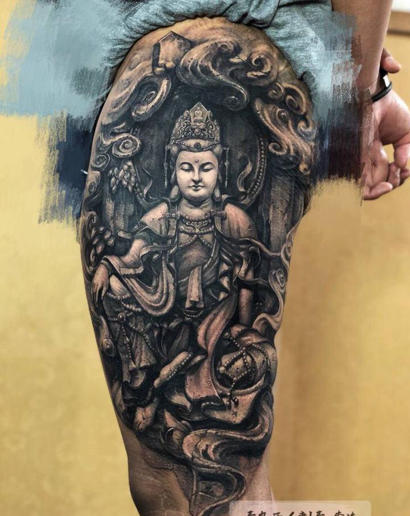 石雕大势至菩萨纹身图片_腿部新传统欧美写实大势至菩萨纹身图案