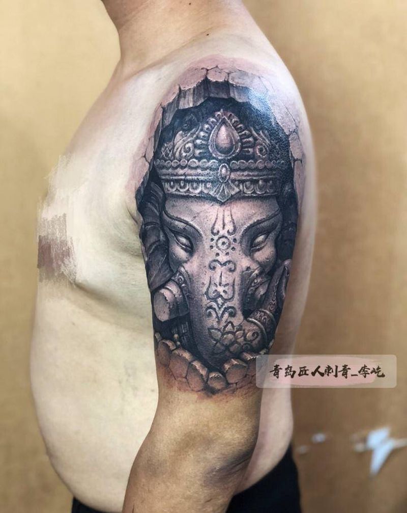 石雕象神纹身图片_手臂新传统欧美写实象神纹身图案