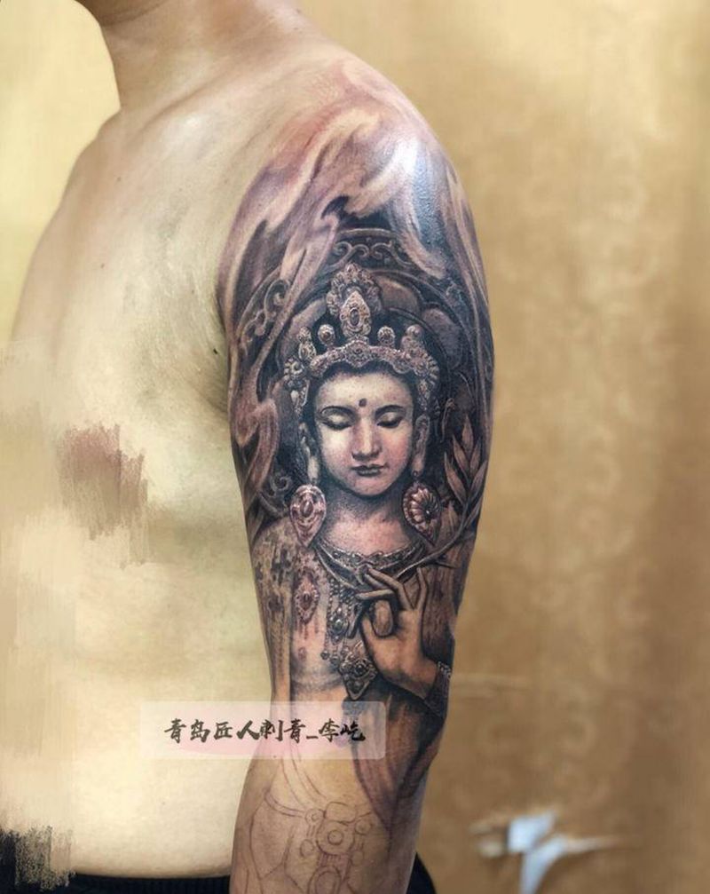 绿度母花臂 未完成纹身图片_手臂臀部欧美写实新传统绿度母纹身图案