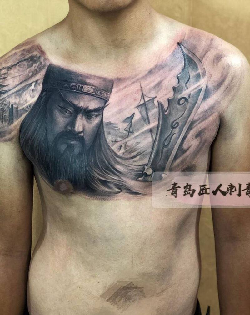 关公 花胸纹身图片_胸部欧美写实新传统关公关羽纹身图案