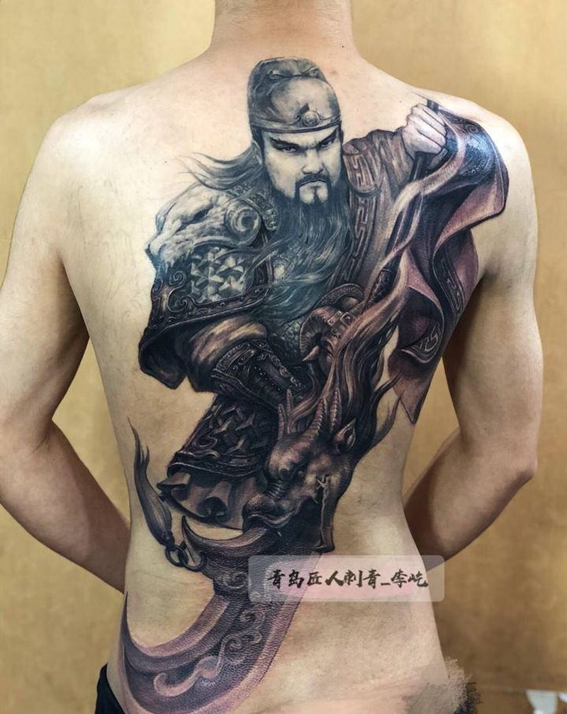 武圣关羽 未完成纹身图片_背部新传统欧美写实关羽关公纹身图案