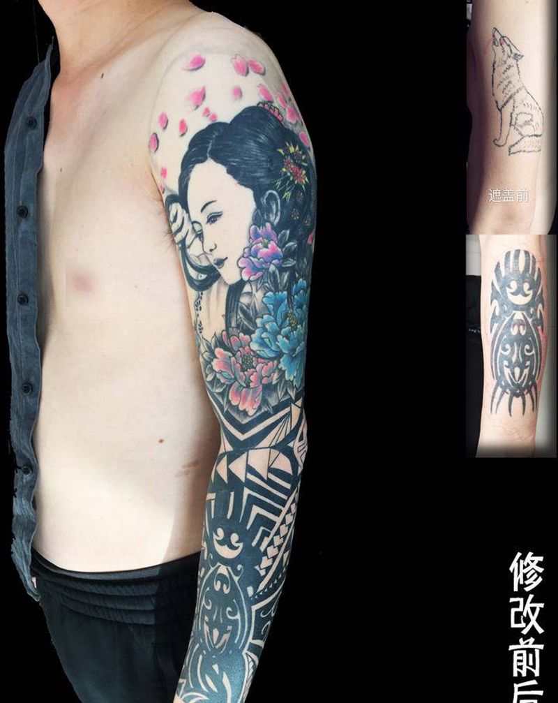 遮盖设计花臂 艺妓 图腾花臂纹身图片_手臂老传统图腾纹身图案