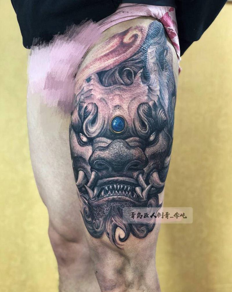 大腿龙头纹身图片_腿部新传统欧美写实龙纹身图案