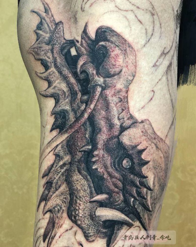 花腿龙纹身图片_腿部新传统欧美写实龙纹身图案