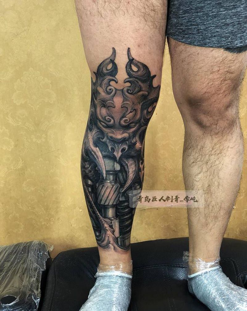 机械小腿纹身图片_腿部新传统欧美写实机械纹身图案