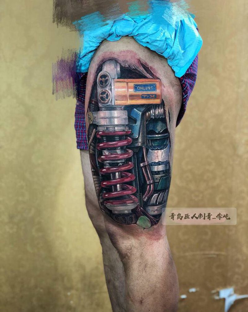 全彩机械纹身图片_腿部新传统欧美写实机械纹身图案