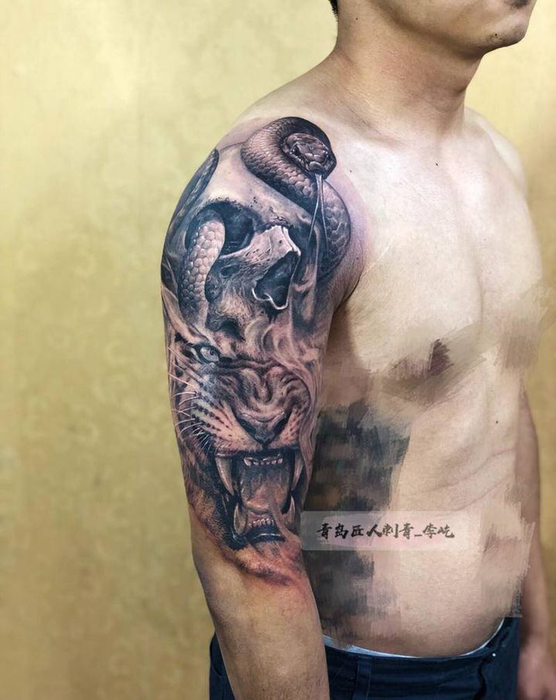 欧美半臂纹身图片_手臂新传统欧美写实骷髅老虎纹身图案