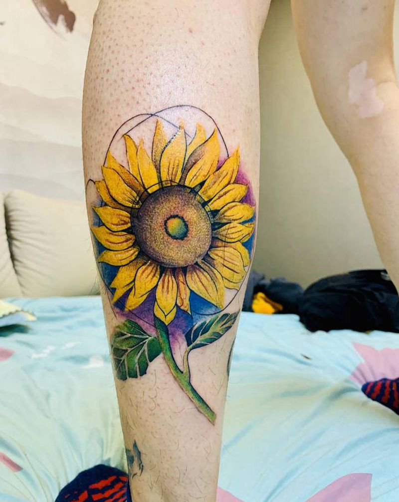 向日葵纹身图片_腿部纹身图案