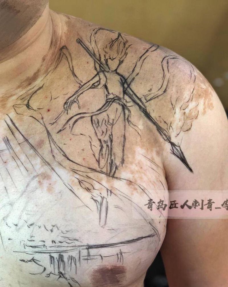 哪吒  胎记遮盖纹身图片_肩部新传统欧美写实遮盖哪吒纹身图案