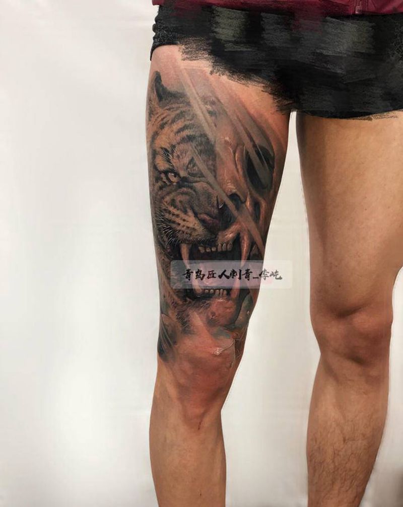 星空动物世界纹身图片_腿部新传统欧美写实动物虎鲨鱼纹身图案