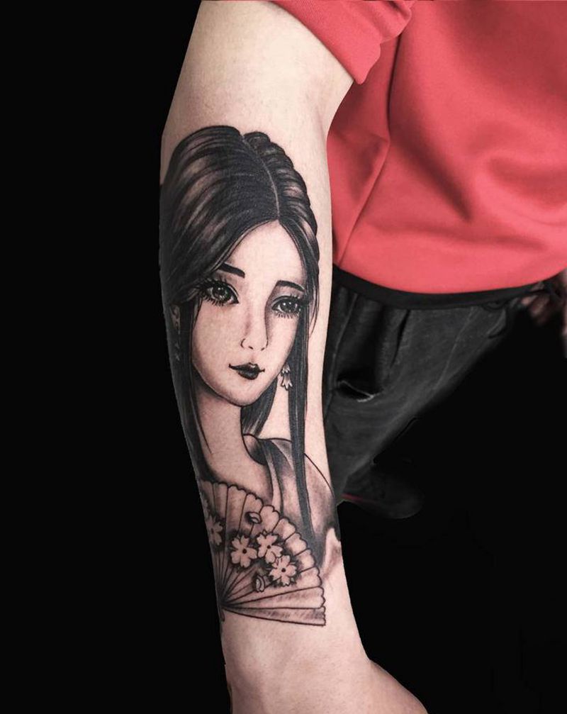 男生小臂艺妓纹身纹身图片_手臂新传统老传统纹身图案