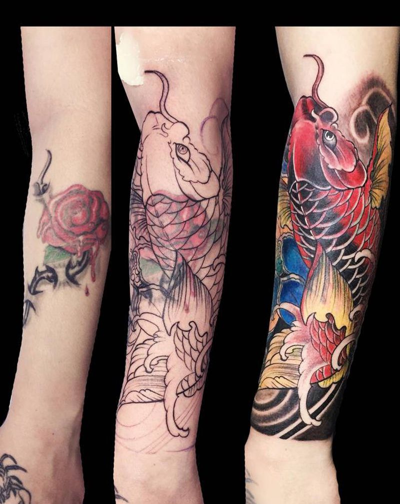 鲤鱼遮盖失败纹身纹身图片_手臂老传统新传统纹身图案