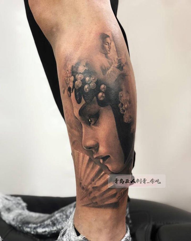 肖像 张国荣纹身图片_腿部欧美写实新传统张国荣 肖像小腿纹身图案