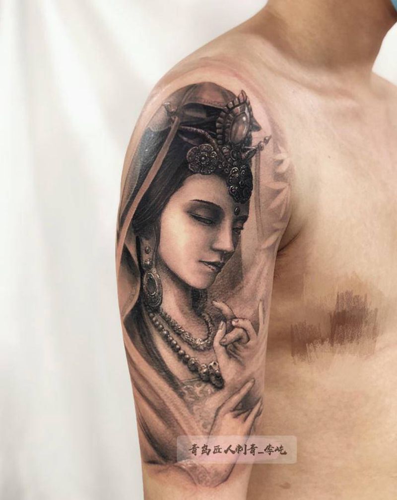 观音半臂纹身图片_手臂新传统欧美写实观音纹身图案