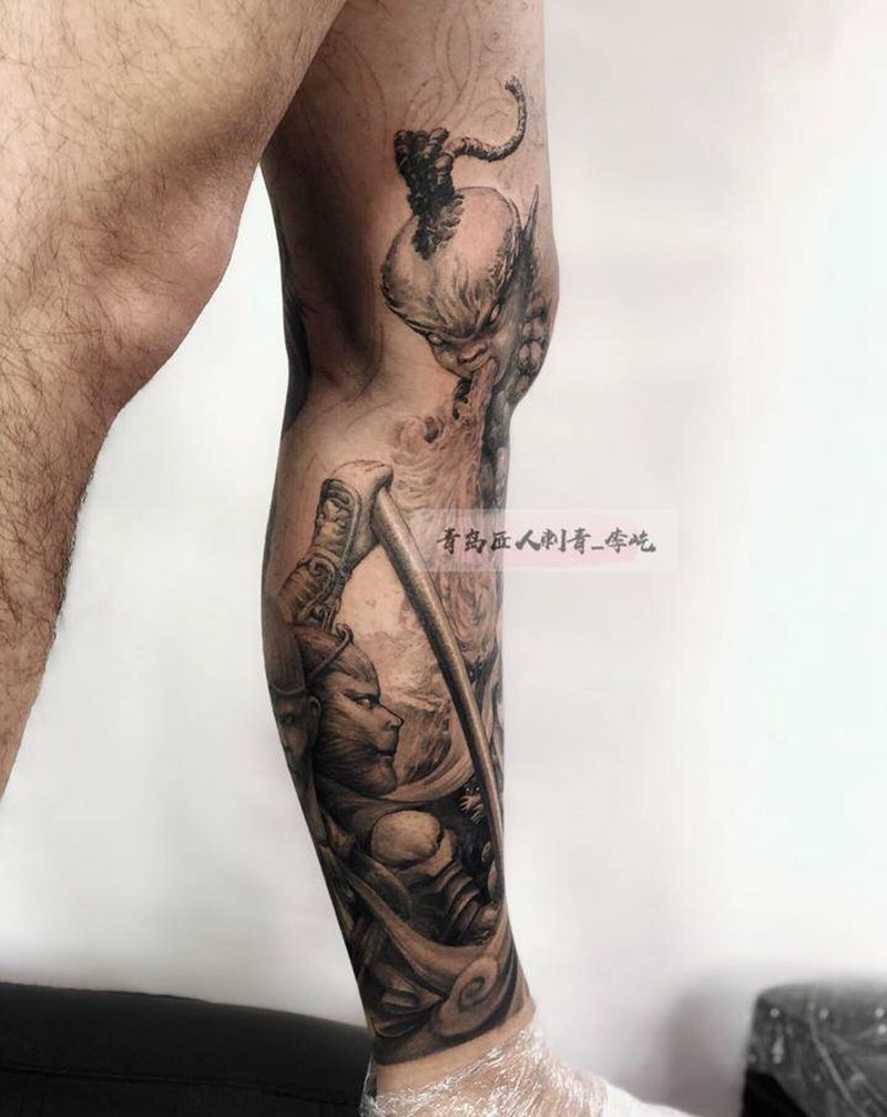 牛魔王花腿未完成纹身图片_腿部新传统欧美写实牛魔王红孩儿纹身图案